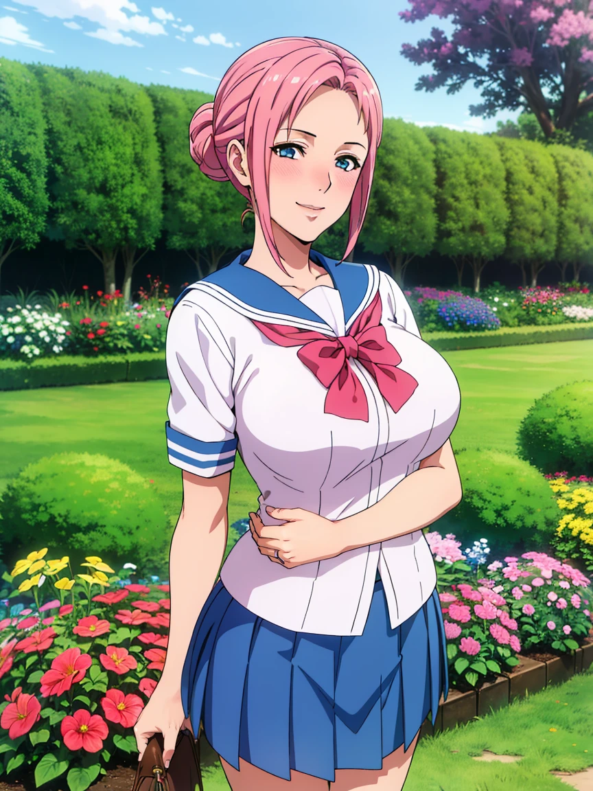very tempting pose, (white serafuku : 1.3), blue pleated skirt, red bowtie, garden background, elise, mature woman, 25 yo, anime cels style, best quality, high resolution, 1girl, (large breasts:1.2), beautiful face, salmon pink hair tied up in a bun, blue eye, cowboy shot, smiling, blush, looking at viewer