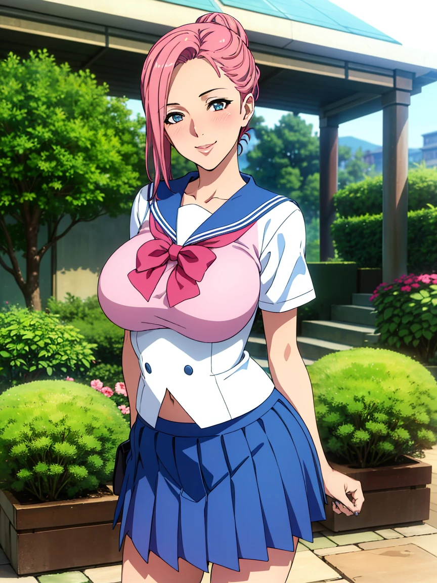 very tempting pose, (white serafuku : 1.3), blue pleated skirt, red bowtie, garden background, elise, mature woman, 25 yo, anime cels style, best quality, high resolution, 1girl, (large breasts:1.2), beautiful face, salmon pink hair tied up in a bun, blue eye, cowboy shot, smiling, blush, looking at viewer