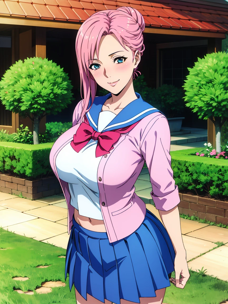 very tempting pose, (white serafuku : 1.3), blue pleated skirt, red bowtie, garden background, elise, mature woman, 25 yo, anime cels style, best quality, high resolution, 1girl, (large breasts:1.2), beautiful face, salmon pink hair tied up in a bun, blue eye, cowboy shot, smiling, blush, looking at viewer