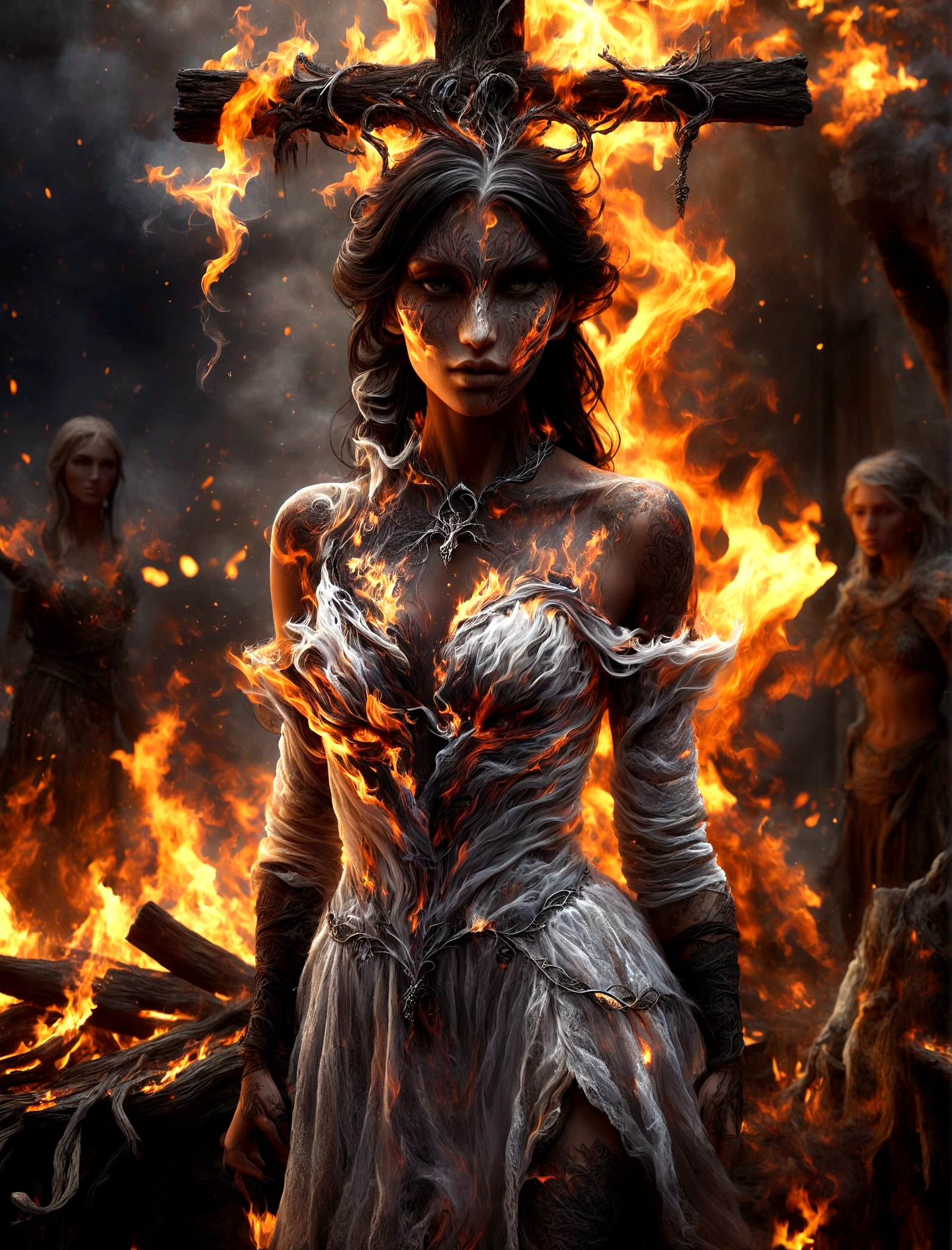 there is a woman in a dress standing in front of a fire, stefan gesell, witch burning, 4k fantasy art, fantasy woman, cgsociety contest winner, unreal engine render + a goddess, beautiful maiden, unreal engine fantasy art, a very beautiful berserker woman, appears as the fire goddess, epic fantasy art style hd, fantasy art behance