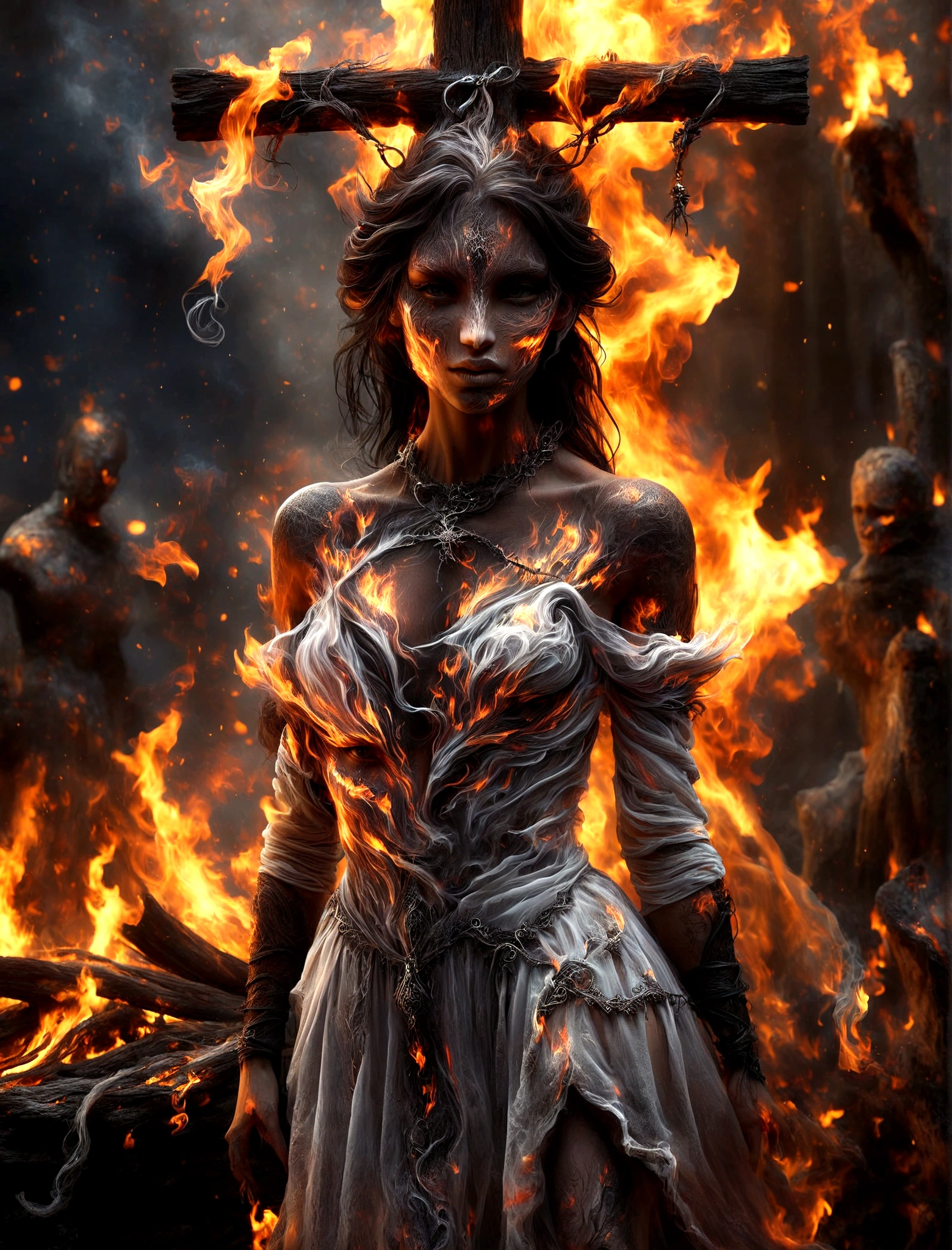 there is a woman in a dress standing in front of a fire, stefan gesell, witch burning, 4k fantasy art, fantasy woman, cgsociety contest winner, unreal engine render + a goddess, beautiful maiden, unreal engine fantasy art, a very beautiful berserker woman, appears as the fire goddess, epic fantasy art style hd, fantasy art behance