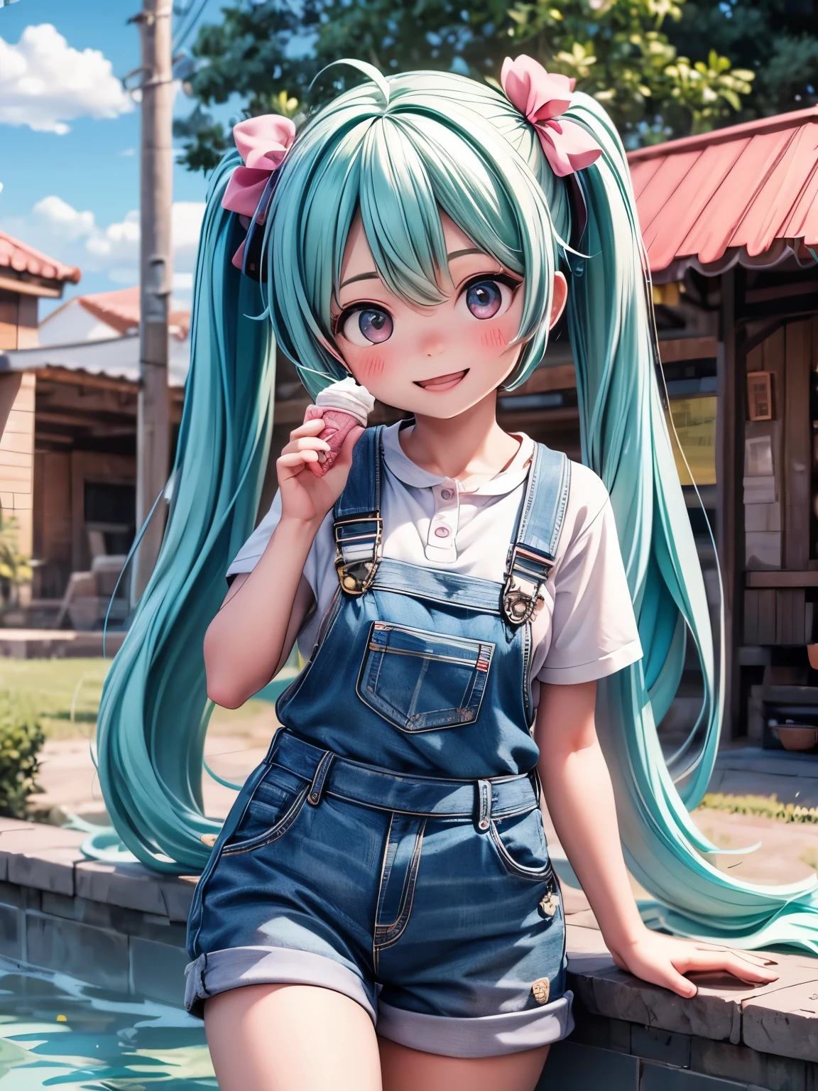 (masterpiece、highest quality、highest quality、Official Art、Beautiful and beautiful:1.2)、(One Girl:1.3)Hatsune Miku、Twin tails,Big Breasts,masterpiece,highest quality, 1 girl,alone,Urarakaharu,Work clothes,Overalls Shorts,Flower-shaped pupil,change,Pink Shirt,I have ice cream,(ponytail:0.6),smile,Open your mouth,cloudy, 