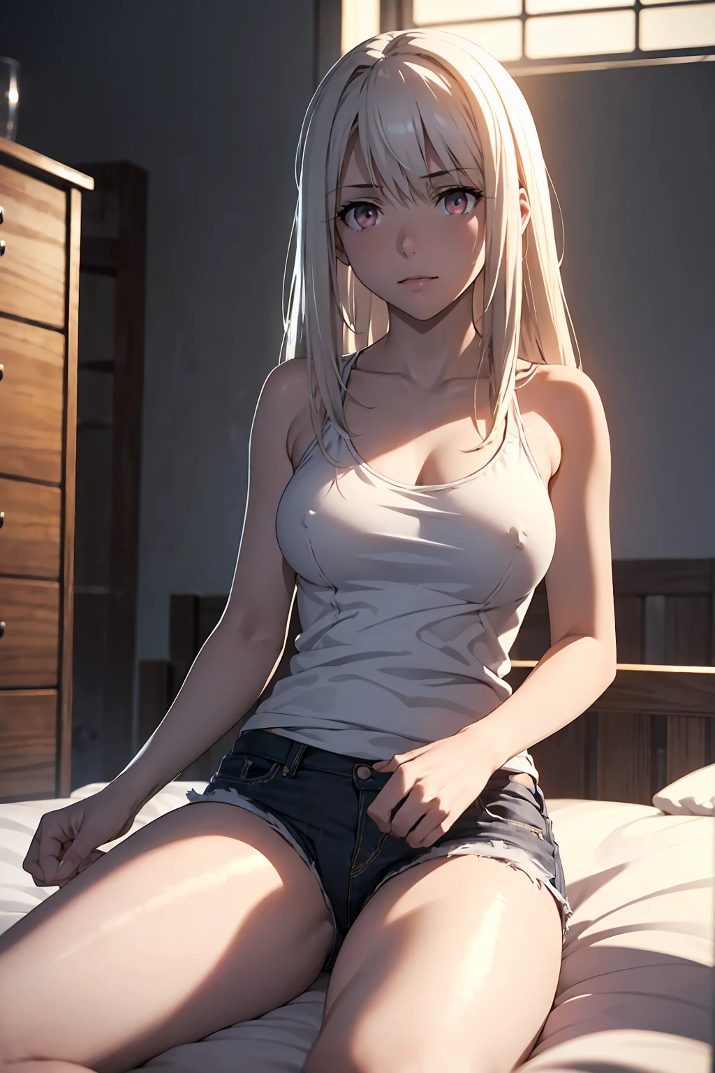 NSFW　(highest quality:1.5, High resolution, 超High resolution, 4K, Detailed lighting, Shaders)(masterpiece:1.2), Very detailed, destiny/Background of the stay, indoor, Illyasviel von Einzbern　alone, Cowboy Shot,Long Hair, Gray Hair, Red eyes, White tank top　Denim shorts　M-shaped foot　sneer　atmosphere　Beautiful night view　bedの上　 　(　masterpiece, highest quality, 1girl, (nsfw:1.0), Spread your legs, seat, Elevate your legs, nude, (Pussy Focus:1.0) Sweat, Shiny skin, Heavy breathing, ( Sex, sexual intercourse, Insert, Hetero, Motion Lines, Motion Blur, Talking Spirit:1.1), (Lying, Lying on your back, bed,Subjective:1.1)