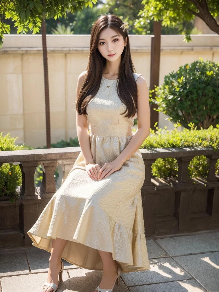 dress、(highest quality)), (Very detailed), ((Very detailed)), 4K, (8k), highest quality, alone,Kind Face、Soft Light、RAW quality、Heel、Garden Terrace