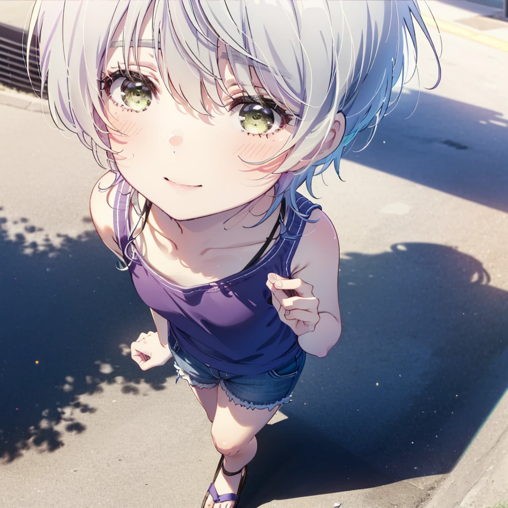 fuukakikuchi, fuuka kikuchi, short hair, bangs, Hair between the eyes, (Green Eyes:1.3), Grey Hair,smile,blush,White vest,Red Tank Top,Shorts,Cute Sandals,whole bodyがイラストに入るように,Daytime,Clear skies,walking,Looking up from below,
break outdoors, Coastal Road,
break looking at viewer,whole body,
break (masterpiece:1.2), highest quality, High resolution, unity 8k wallpaper, (figure:0.8), (Beautiful fine details:1.6), Highly detailed face, Perfect lighting, Highly detailed CG, (Perfect hands, Perfect Anatomy),
