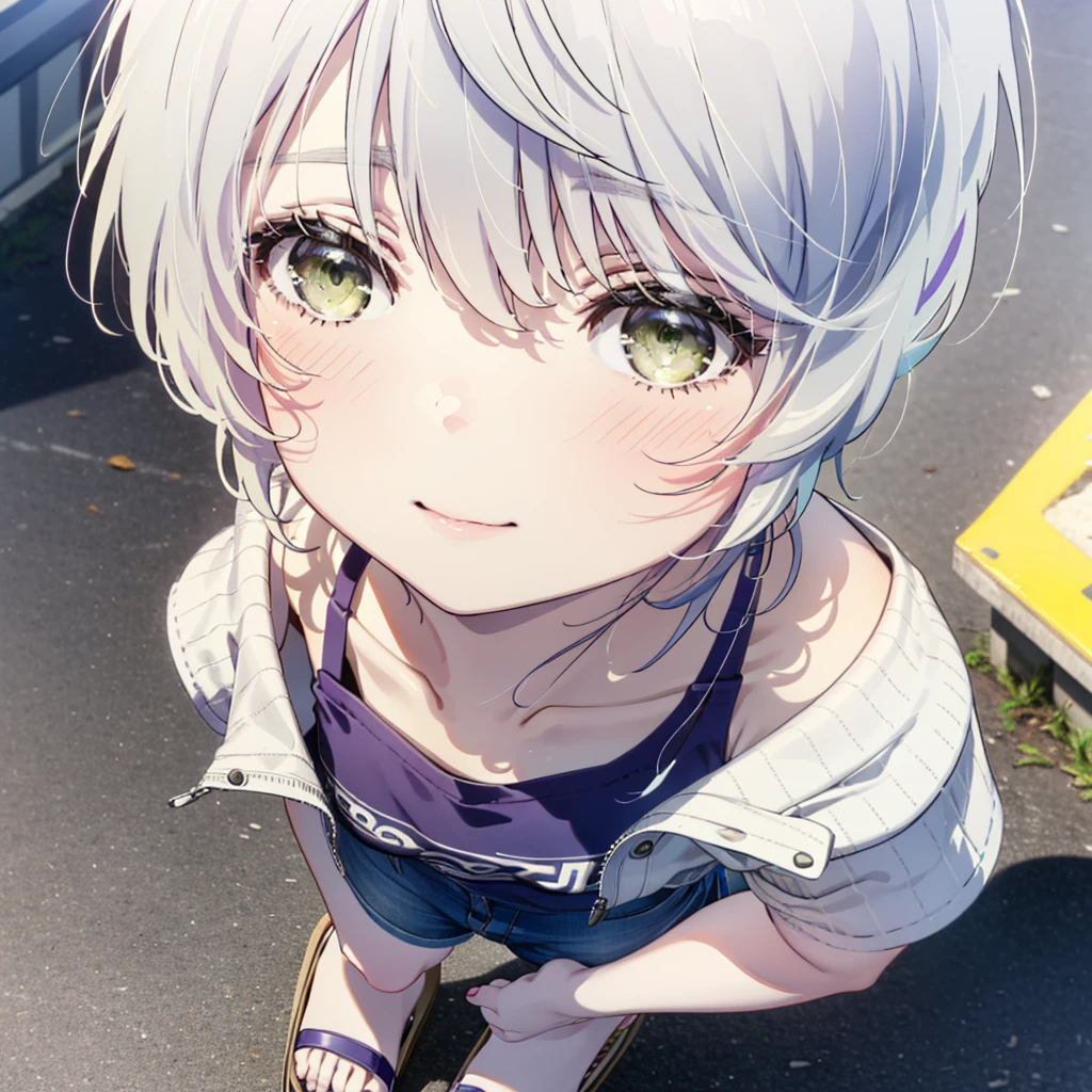 fuukakikuchi, fuuka kikuchi, short hair, bangs, Hair between the eyes, (Green Eyes:1.3), Grey Hair,smile,blush,White vest,Red Tank Top,Shorts,Cute Sandals,whole bodyがイラストに入るように,Daytime,Clear skies,walking,Looking up from below,
break outdoors, Coastal Road,
break looking at viewer,whole body,(Cowboy Shot:1. 5) ,
break (masterpiece:1.2), highest quality, High resolution, unity 8k wallpaper, (figure:0.8), (Beautiful fine details:1.6), Highly detailed face, Perfect lighting, Highly detailed CG, (Perfect hands, Perfect Anatomy),