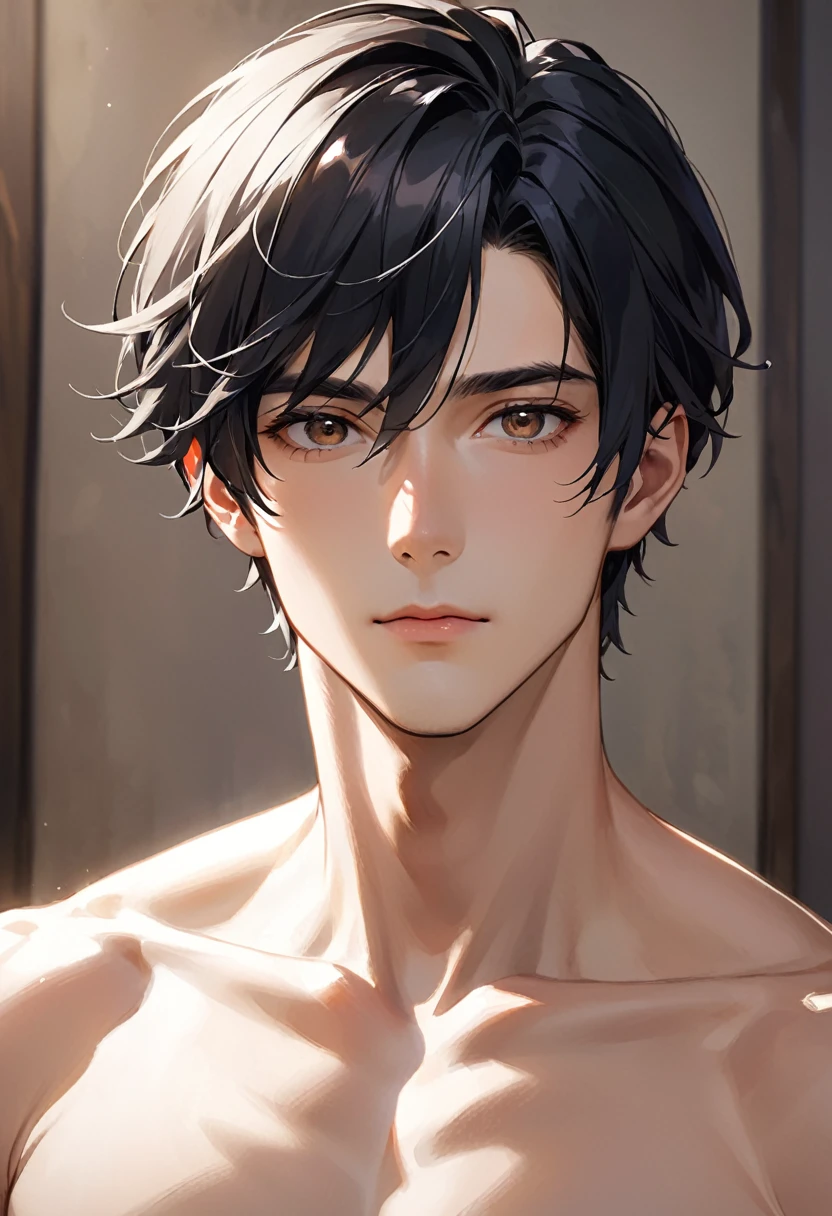 One handsome boy、Black Hair、Brown eyes、Portraiture、Gaze Here、Upper body naked