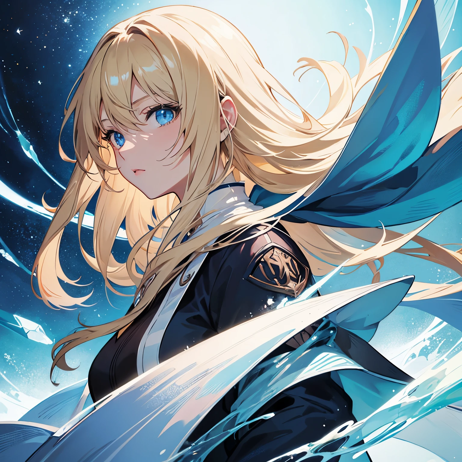 Cover magazine, anime, woman, solo, long hair, blonde hair, blue eyes, model, beautiful, half body potrait, fantasy, ice
