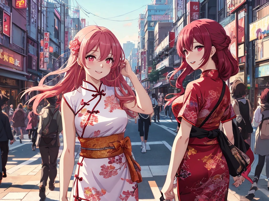 beautiful young woman, anime style, long flowing red hair, large pink eyes, delicate features, soft lighting, wearing a stylish cheongsam, intricate patterns, form-fitting, elegant, vibrant colors, detailed eye design, gradient in eyes, detailed iris, bright highlights, urban background, bustling city street, golden hour lighting, dynamic and candid pose, capturing a moment of joy, Japanese anime style, high quality, highly detailed, 8k resolution, cinematic lighting, best quality, Instagrammable, aesthetic, trendy
