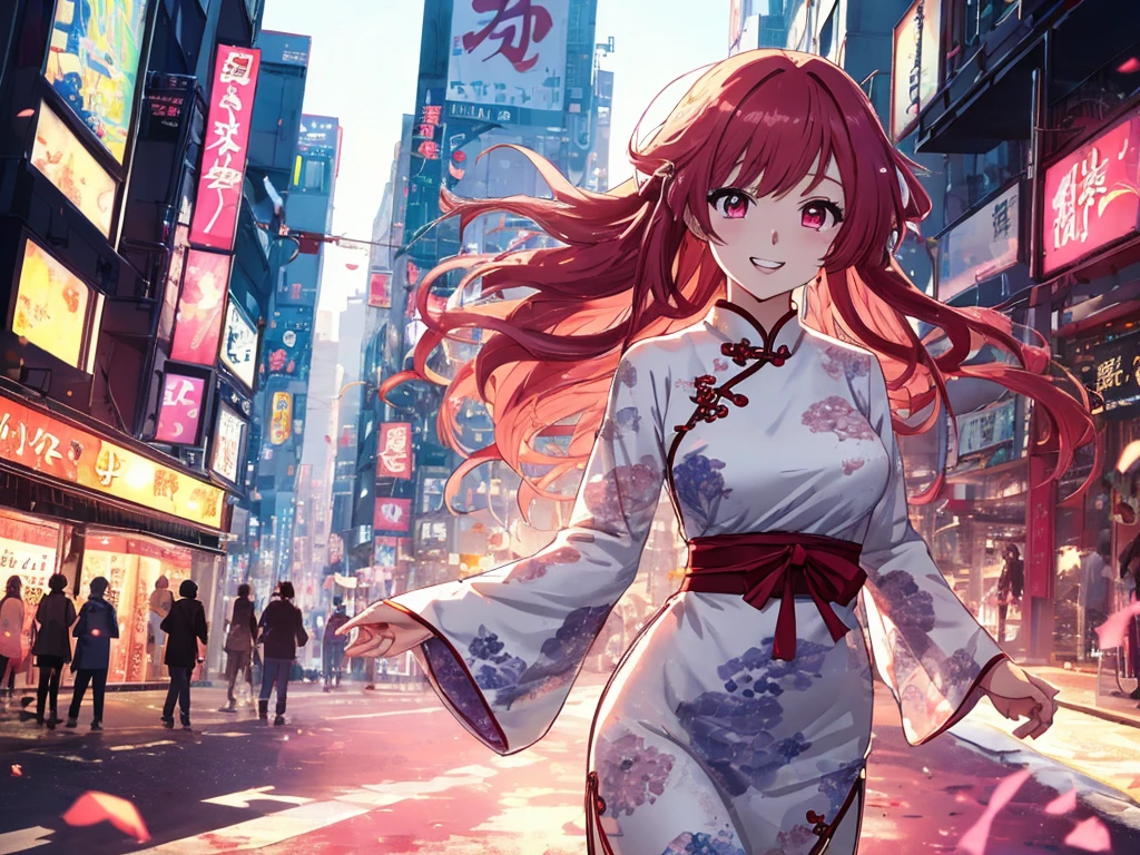 beautiful young woman, anime style, long flowing red hair, large pink eyes, delicate features, soft lighting, wearing a stylish cheongsam, intricate patterns, form-fitting, elegant, vibrant colors, detailed eye design, gradient in eyes, detailed iris, bright highlights, urban background, bustling city street, golden hour lighting, dynamic and candid pose, capturing a moment of joy, Japanese anime style, high quality, highly detailed, 8k resolution, cinematic lighting, best quality, Instagrammable, aesthetic, trendy
