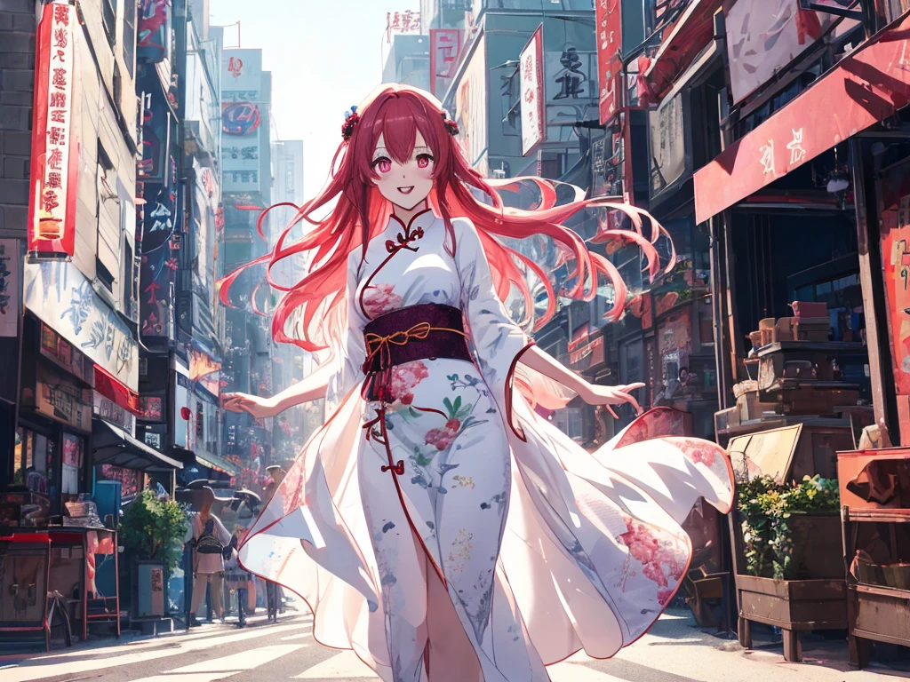 beautiful young woman, anime style, long flowing red hair, large pink eyes, delicate features, soft lighting, wearing a stylish cheongsam, intricate patterns, form-fitting, elegant, vibrant colors, detailed eye design, gradient in eyes, detailed iris, bright highlights, urban background, bustling city street, golden hour lighting, dynamic and candid pose, capturing a moment of joy, Japanese anime style, high quality, highly detailed, 8k resolution, cinematic lighting, best quality, Instagrammable, aesthetic, trendy