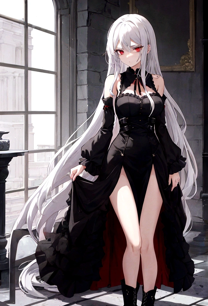 Girl, 20 years old, with long white hair down to below her waist, a serious yet tender expression, and red eyes. Her hair features black streaks. She wears antique-style clothing, a long black dress with a slit on the legs, and high black boots that almost reach her knees. Her power and background are related to shadows and darkness. dark escense, figth stance, detailed