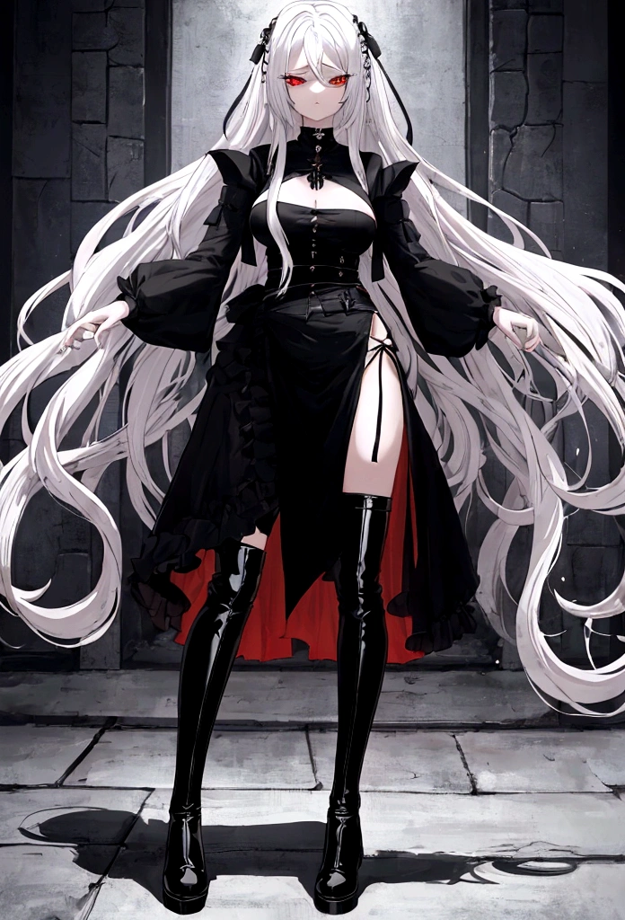 Girl, 20 years old, with long white hair down to below her waist, a serious yet tender expression, and red eyes. Her hair features black streaks. She wears antique-style clothing, a long black dress with a slit on the legs, and high black boots that almost reach her knees. Her power and background are related to shadows and darkness. dark escense, figth stance, detailed