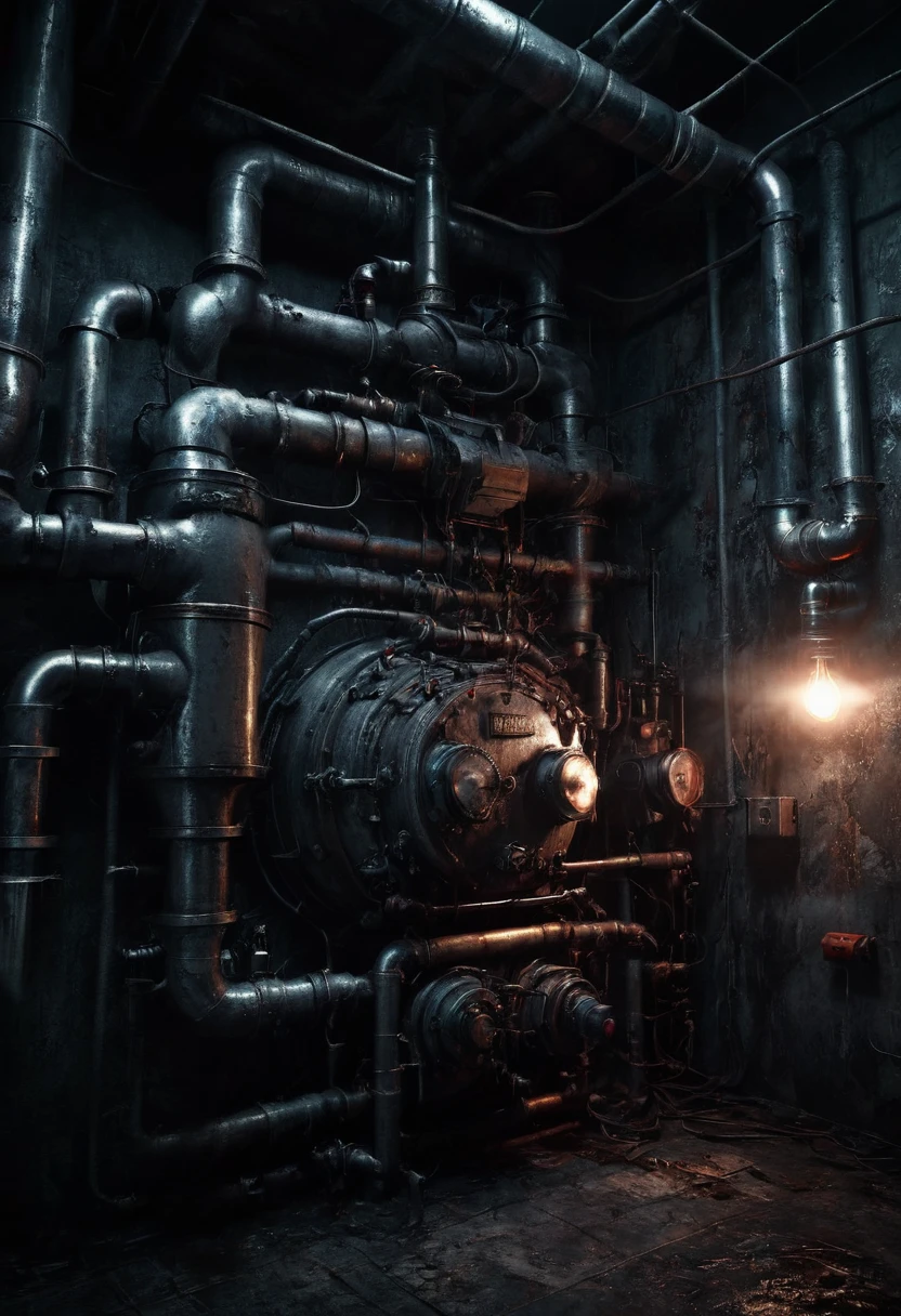 horror creepy boiler room, no lights, hyper realistic, horror, dark background, dark atmosphere, horror lighting, detailed, cinematic lighting