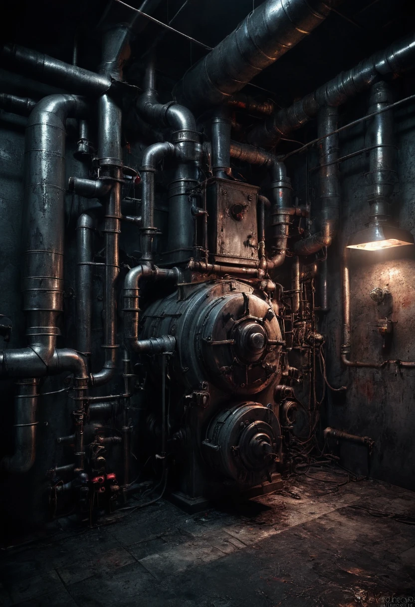 horror creepy boiler room, no lights, hyper realistic, horror, dark background, dark atmosphere, horror lighting, detailed, cinematic lighting