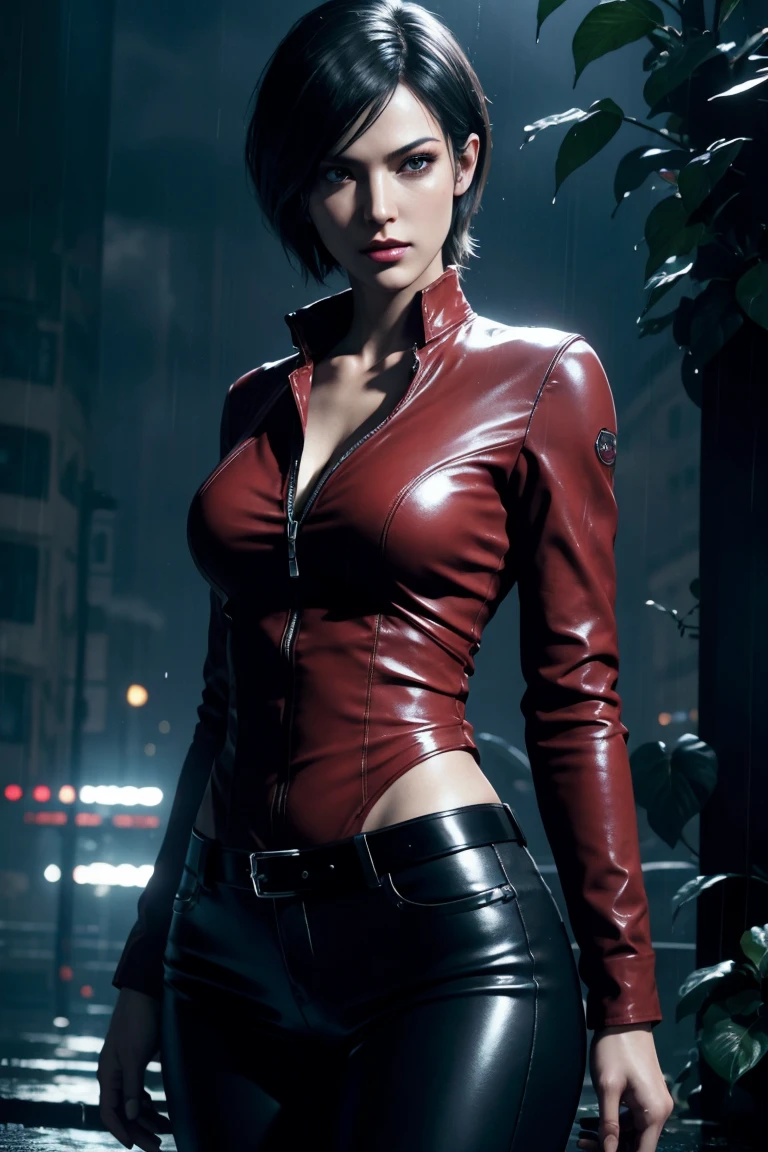 Resident Evil 6,Ada,Short Hair,Red Shirt,Black Leather Pants,Photorealistic,Ultra HD,high quality,masterpiece,Digital SLR,Detailed details,Intricate details,Anatomical basis,Depicted in detail,A detailed face,Realistic skin texture,Vivid details,Perfect Anatomy,Perfect Anatomy,Anatomically correct hand,Anatomically correct fingers,Super Detail,Complex 3D rendering,Sexy pose,Beautiful morning glory(flower),Rainy Sky,Beautiful scenery,Fantastic rainy sky,Picturesque,Pink Lips,Fantastic butterflies々,