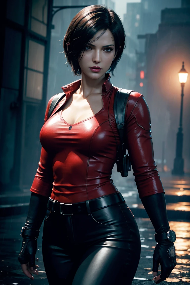 Resident Evil 6,Ada,Short Hair,Red Shirt,Black Leather Pants,Photorealistic,Ultra HD,high quality,masterpiece,Digital SLR,Detailed details,Intricate details,Anatomical basis,Depicted in detail,A detailed face,Realistic skin texture,Vivid details,Perfect Anatomy,Perfect Anatomy,Anatomically correct hand,Anatomically correct fingers,Super Detail,Complex 3D rendering,Sexy pose,Beautiful morning glory(flower),Rainy Sky,Beautiful scenery,Fantastic rainy sky,Picturesque,Pink Lips,Fantastic butterflies々,