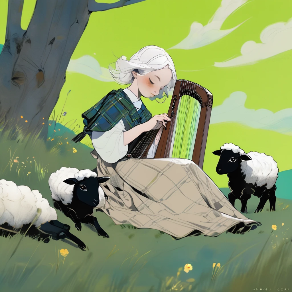 [#1,2,5]
sheep girl, cute sketch, whimsical children's doodle style, kawaii, black and white, play irish harp, half-closed curtains with starry night sky pattern, crescent moon, 9yo, flushed cheek, sit on grassy knoll, scottish tartan kilt, sleeping lambs, exquisitely detailed, expressionless, absurdres, highres, blue background, harmonious colors:: --s 200 --niji 6 --ar 3:4

[#3]
sheep girl, cute sketch, whimsical children's doodle style, kawaii, black and white, play irish harp, 9yo, flushed cheek, sit on grassy knoll, night, music score in the form of curtains, wearing scottish tartan kilt, sleeping lambs, exquisitely detailed, expressionless, absurdres, highres, green background, harmonious colors:: --s 200 --niji 6 --ar 3:4

[#4]
Change #3's Prompt: "play irish harp" -> "put arm around irish harp"
The following prompt was added in the i2i: "--no blurry"