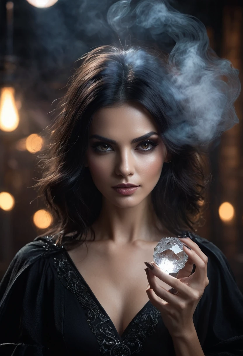a beautiful woman WITCH WITH A CRYSTAL BALLin the Style-RustMagic, Aum, (atmosfera escura:1.2), (Mist & smoke), (noite escura:1.3), Cicatrizes, (shaggy medium length dark hair:1.1), (sombra:1.1), (brilho lindamente detalhado:1.2), (cinematic lighting), detalhe intrincado, high resolution, olhos arredondados, detailed facial features, sharp focus, suave, aesthetics, Dark industrial factory detailed background, pose elegante,