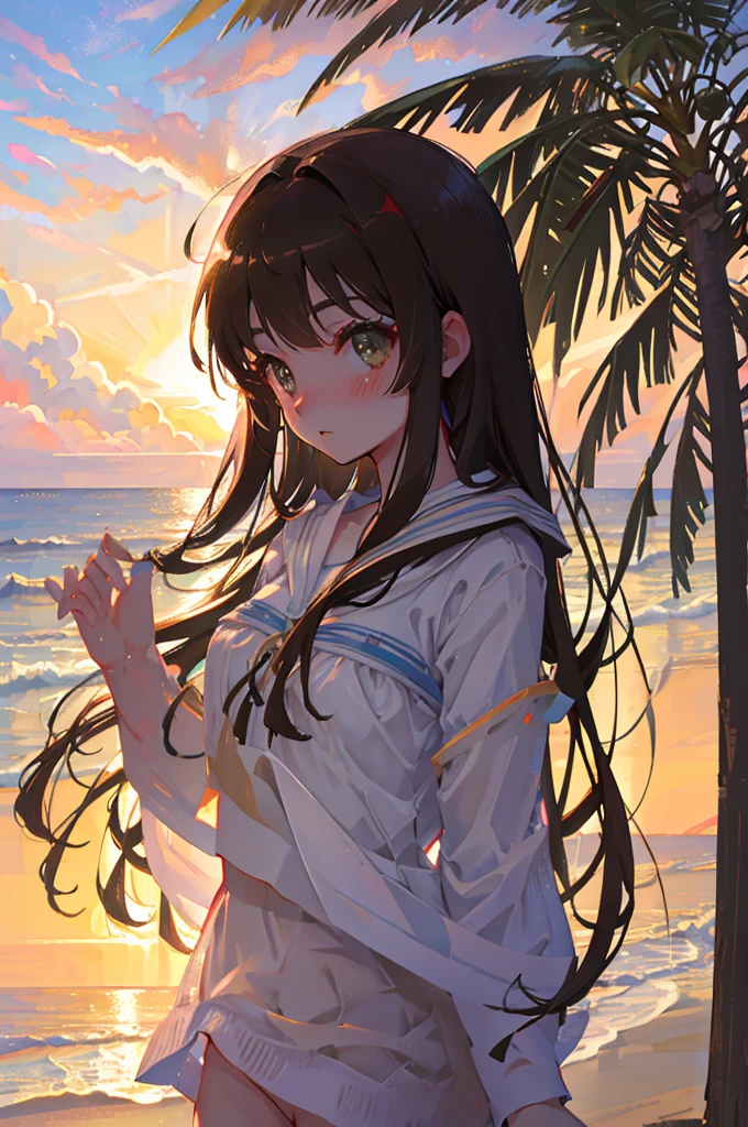 masterpiece, rich colors, Best quality, detailed, high resolution, Hyper quality, high detail, , High quality, detailing, skinny sexy girl on the beach , bright lighting , Brown eyes, anime, palm trees, bright lighting,