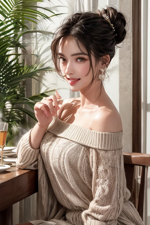 (((Masterpiece))),(((Super Detail))),(((in 8K))),(((best composition))),(((Rim lighting,Fireglow effect,deep shadow))),solo),Beautiful fingers,Detailed finger features,(Detailed hair features:1.7),(Dynamic and sexy bending pose:1.3),detailed facial features,detailed clothes features, (perky chest:1.1), (pointed chest:1.3), delicate beautiful face, Bright blue eyes, cute eyes, sparkling eyes, Big eyes, beautiful detailed eyes,double bun with glittering hair ornament:0.6,(super detailed glossy skin:1.3),slender body,goddess smile,((with sparkling eyes and a contagious smile)),beautiful posture,have a cup of coffee,black hair, red eyes, dress, bare shoulders, jewelry, collarbone, sidelocks, hairband, earrings, indoors, off shoulder, sweater, arms behind back, plant, short hair with long locks, white hairband, off-shoulder dress, sweater dress, off-shoulder sweater, red sweater, big side hair, very long side hair,(super delicate floral pattern:1.2),seductive cleavage:1.3,beautiful glossy legs,shiny red high heels,lifting dishes with cakesd,french restaurant,hustle and bustle,rising steam,(((depth of fields)))
