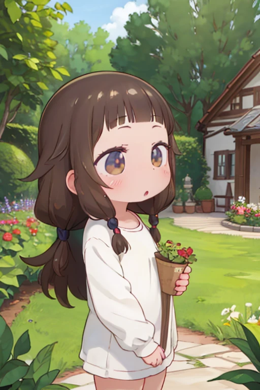 masterpiece, top quality, Resolution 8K, a high resolution, countryside, Exactly identical naked twins, BOY(пенис у BOYа:1.4) and a girl, Brother and sister, ( Both children have very tousled dark brown tousled long hair and golden brown eyes.), Girl hanging out with her twin brother in the garden。There is a house in the garden, full of flowers.，