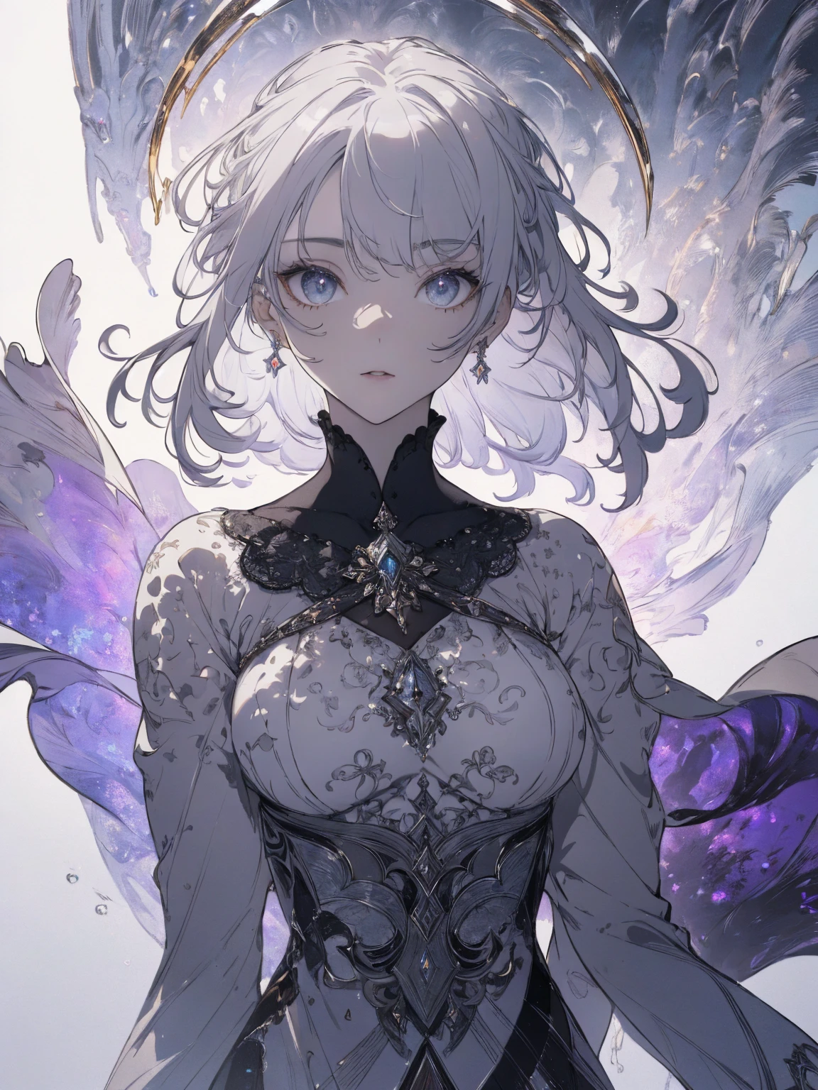 (Landscape photo, with a woman in the bottom right of photo:1.5, gray white background:1.5, fantasy), Masterpiece, best quality, (very detailed CG unity 8k wallpaper), (best quality), High definition RAW color art, Animation,sculptures, white Skin, (((Ultra detailed elegant))), Magical atmosphere, Detailed skin, Texture,(Intricately detailed, Fine detail, ultra-detail art), Silky Touch, Hyper Detail, beautiful eyes, elegant face, (upper body focus), silver hair, The wind is blowing, portrait, bracelet, pastel purple, enormous breast, gray clothing, Long Bangs, profile, Jersey