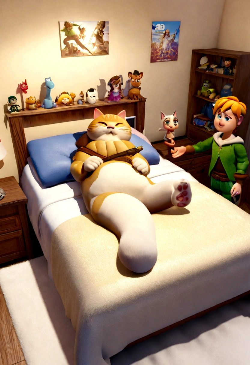 Estilo Pixar: A muscular and large cat Robin Hood and a fit white cat princess, who is pregnant, eagerly await the birth of their . The white cat princess is lying on a bed, and the cat Robin Hood is standing beside her, holding her hand. The scene is rendered in a 3D Disney and Pixar style.,3D Poster,Disney