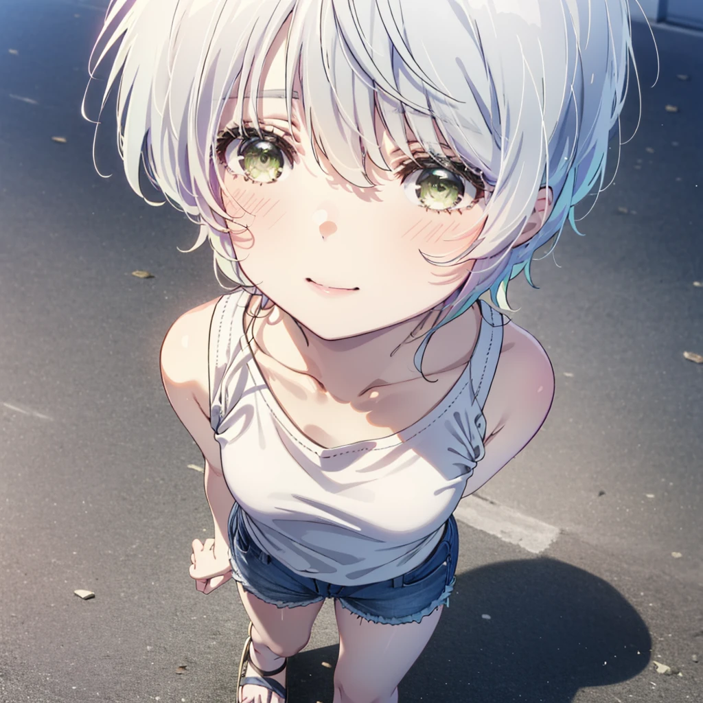 fuukakikuchi, fuuka kikuchi, short hair, bangs, Hair between the eyes, (Green Eyes:1.3), Grey Hair,smile,blush,White vest,Red Tank Top,Shorts,Cute Sandals,whole bodyがイラストに入るように,Daytime,Clear skies,walking,Looking up from below,
break outdoors, Coastal Road,
break looking at viewer,whole body,(Cowboy Shot:1. 5) ,
break (masterpiece:1.2), highest quality, High resolution, unity 8k wallpaper, (figure:0.8), (Beautiful fine details:1.6), Highly detailed face, Perfect lighting, Highly detailed CG, (Perfect hands, Perfect Anatomy),