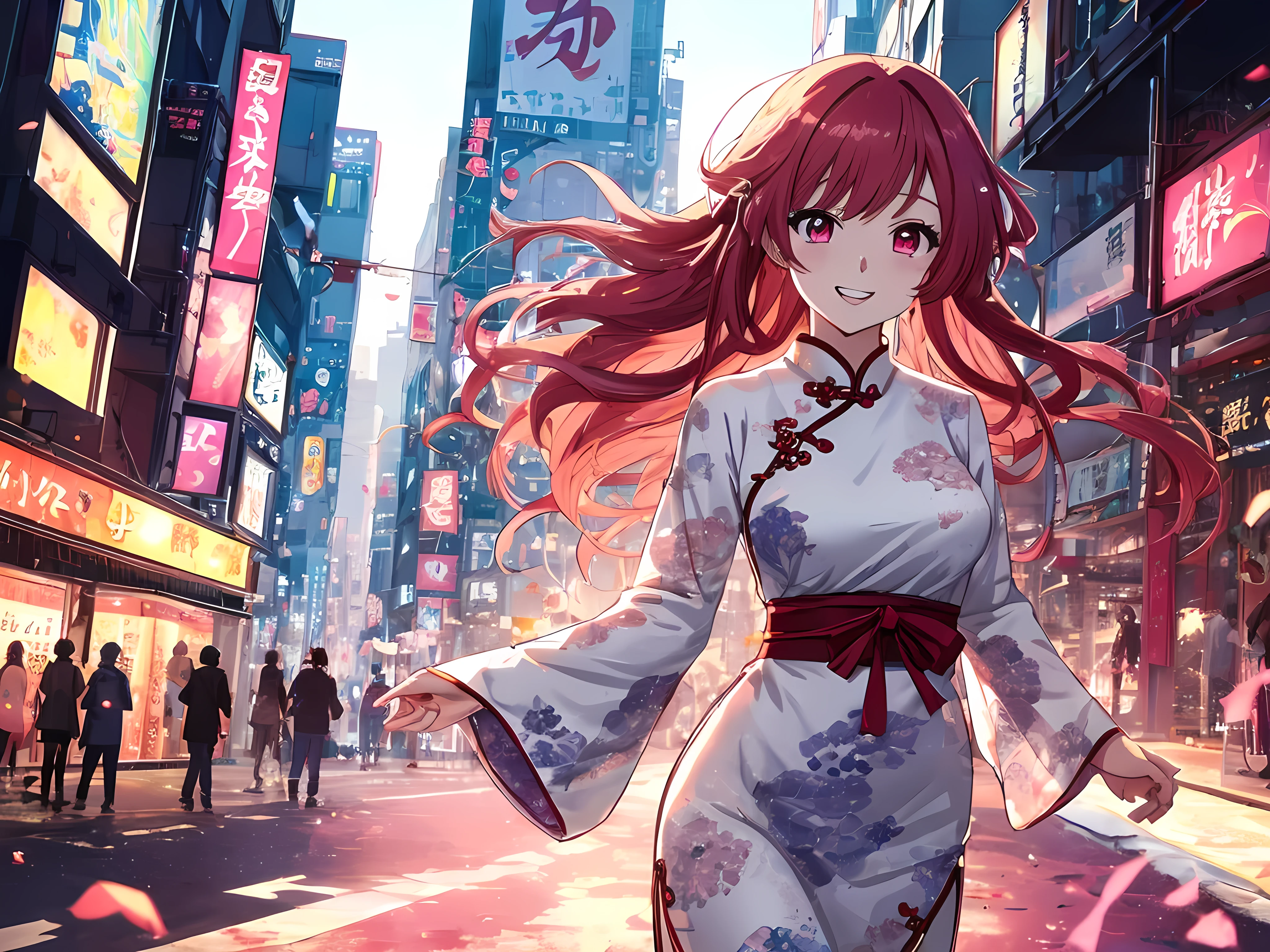 beautiful young woman, anime style, long flowing red hair, large pink eyes, delicate features, soft lighting, wearing a stylish cheongsam, intricate patterns, form-fitting, elegant, vibrant colors, detailed eye design, gradient in eyes, detailed iris, bright highlights, urban background, bustling city street, golden hour lighting, dynamic and candid pose, capturing a moment of joy, Japanese anime style, high quality, highly detailed, 8k resolution, cinematic lighting, best quality, Instagrammable, aesthetic, trendy