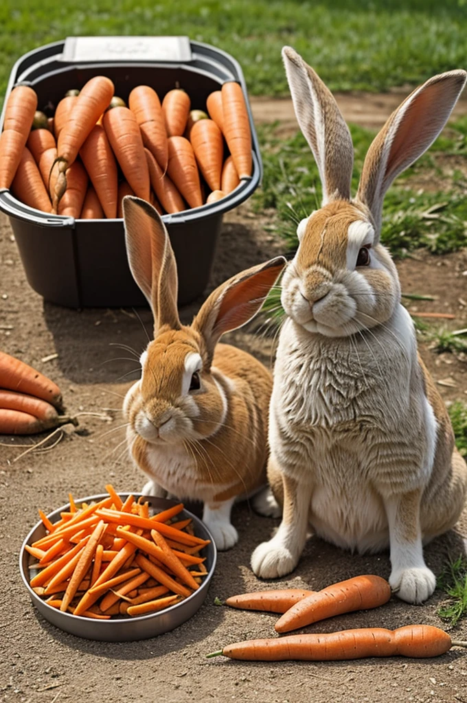 Two rabbits are enjoying a carrot. On the side of the rabbit there is an overturned food container