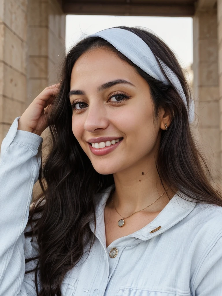 one cute women, 29YO, white, Arab, cute face, realistic brown eyes, blue jacket, black hair, cute smile, skinny face, white realistic teethes, big eyes, long wavy hair