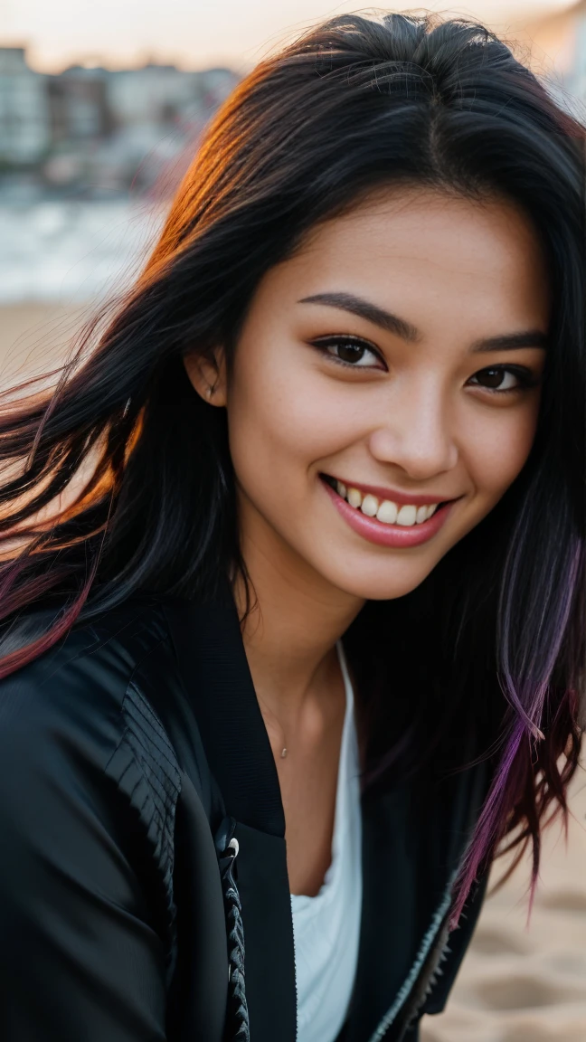 arafed woman with long black hair with purple highlights, flowing long black hair with, with black hair, photo of a beautiful woman, long flowing black hair, black golden hour, curly black hair, beautiful young asian woman, beautiful asian woman, wild ginger hair, pink wispy hair, light black hair, a young asian woman, an asian woman, infp young woman, Portrait photo of a 24-year-old french girl in RAW UHD format (Brown-eyed woman) , surfing), Details (textures! , Hair! , glistering, Color!! , imperfections: 1.1), highly detailed glossy eyes (looking at the camera), DSLR Lighting, SLR camera, Ultra-Quality, sharpness, Depth of field, Film grain , Fujifilm XT3, Crystal clear, Frame Center, beautiful face, sharp-focus, bokeh (sunlight), (open sky), detailed skin pores, oilly skin, suntan, Complex eye details, (((smiling))), ((grass)), green grass background