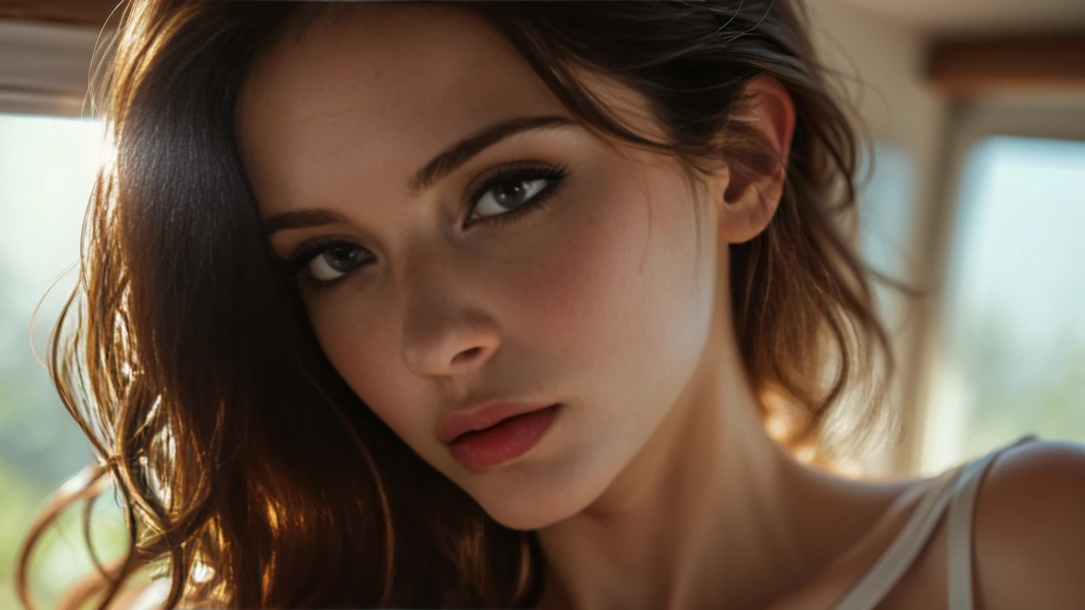 (((ultra realistic))) Photo, masterpiece, top quality, (pale skin), (Ultra detailed face and eyes:1.3), 1 girl, Adult, in a T-shirt, (Eye makeup, mascara) , ((large detailed lips)), ((ash wavy hair)), ((Chyolka)) , (Natural Medium size breasts), Slim waist. ((Posing)), photoshoot, studio (soft lighting), (The play of light and shadows), depth of field, bokeh, (special attention to skin detail: 1.2), Detailed leather texture, skin pores. (Airy atmosphere of the frame. Color range - delicate, Bright, white, Pink tones), UDR, ((Film grain)), ((rays)), ((glare of the sun)), ((waist up portrait, close to the camera)) , ultra detialed, 