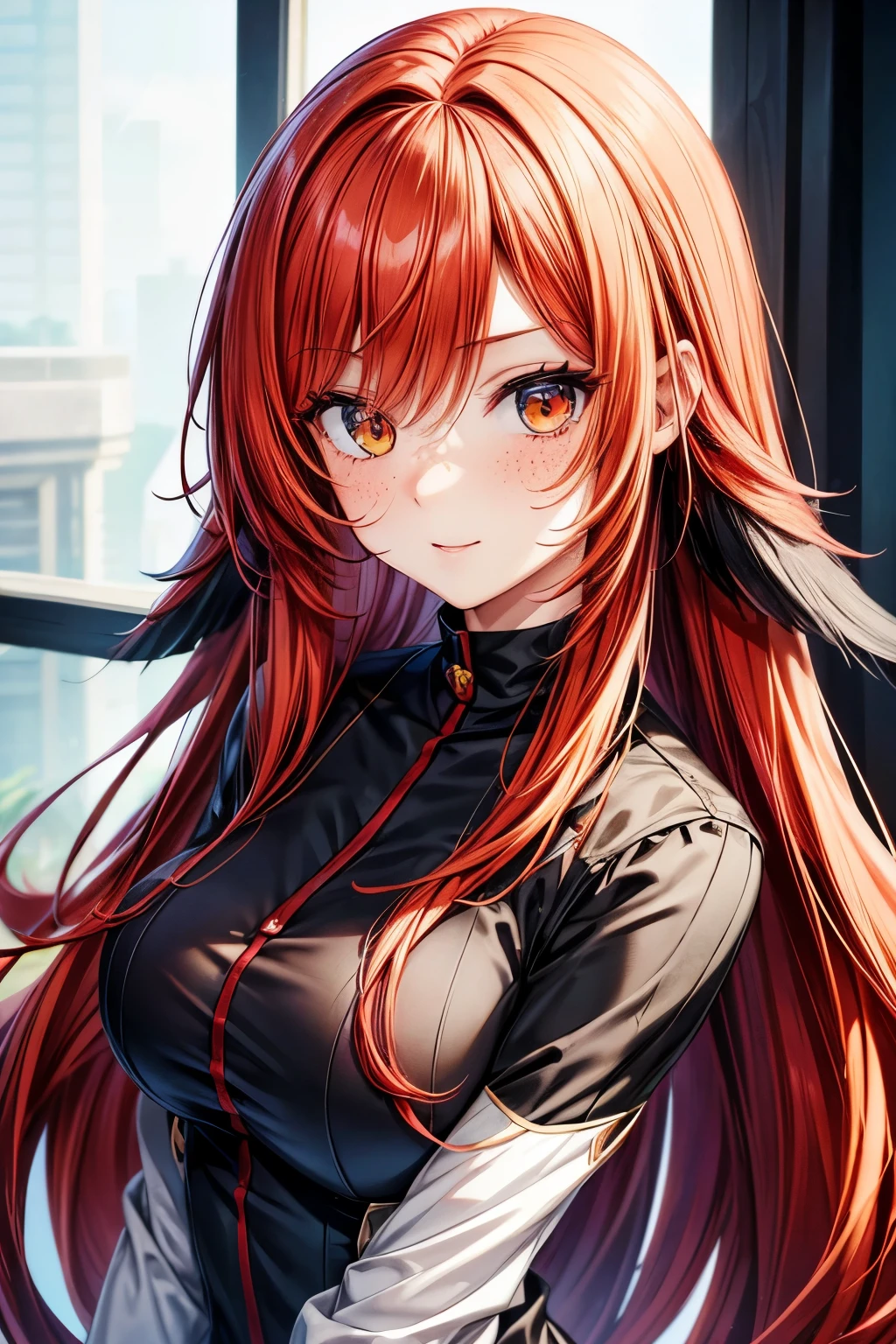 masterpiece, best quality, {best quality}, {{masterpiece}}, {highres}, focus, anime style, a closeup of a cartoon of a woman, girl design, portrait, giesha, anime image, long hair, red hair, redhead, straight eyes, polished and powerful look, exotic, tall, freckles, cheerful, casual chic clothing, colorful, colors