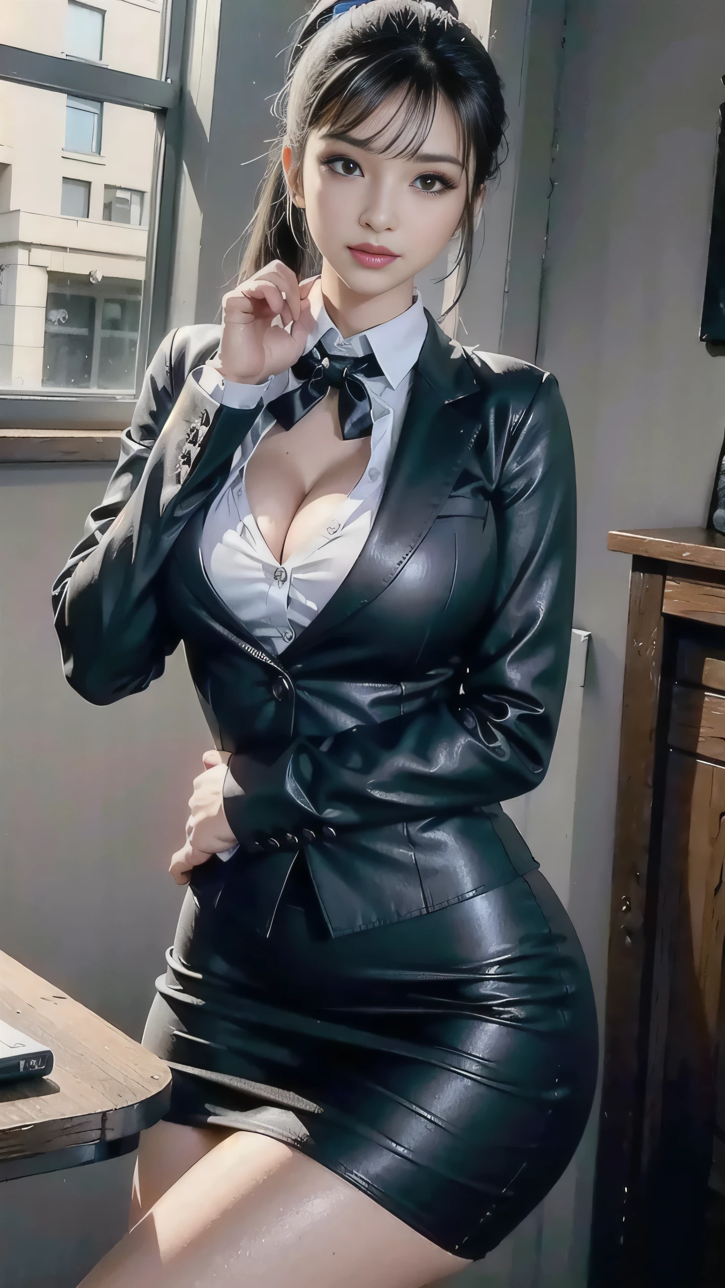 sexy lawyer, classy business skirt, black blazer, white dress shirt, tight skirt, reading at her desk, in library, big, cleavage, perfect hands perfect fingers perfect breasts perfect fit perfect body perfect face perfect image realism detailed background micro bikini, shirt unbuttoned, lascivious librarian, hyperrealism, photorealistic, Unreal Engine, 3DCG, octane rendering, 8K maximum resolution very detail, sweater dress, professional, breasts about to burst from her clothes, ponytail