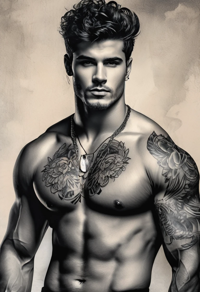 ~*~Breathtaking~*~ Cinematic realistic close-up shot in a movie scene, vibrant and highly detailed cores presented in cinemascope, creating a moody atmosphere. head close-up, front camera, handsome man, ritualistic (neck tattoo: 1.3), (incredibly detailed: 1.5), ((Alone)), Illustrated, hand-drawn, full-color movie poster of a masculine man, 28 years old, ruddy skin, stocky physique, soft belly, slightly chubby, deep brown eyes, wide bulbous nose, full lips, black hair, curly hair, eyebrows thick and bushy, extremely hairy ?????, stomach and arms, lots of body hair, hard shadows, graphite shading, stencil markings, airbrushed acrylic paint, masterpiece,muscular man, in ?????????, ((full body: 1.7)), (short black hair: 1.1), (muscular), by Jeremy Mann, by Sandra Chevier, by maciej kuciara, smoke and shadow, night, Sharp, ((Perfect body)), realistic, real shadow, 3d, ((full body)), ((dark and gloomy universe)), (by Michelangelo), glamorous photo of man (close up: 1.5), 1 man, chubby man with ????? and arm tattoos, fantasy male portrait, beautiful realistic full body part, tattooed man, shirtless :: high detail, blessed waters wlop style, ma demon fit, hyperrealistic rendering, photorealistic art style, hyperrealistic 3D rendering, detailed full body part, man artstation aesthetic, realistic face and body, photographed by famous photographer in CANON 5D MARK, detailed skin with all raw details - ar 4:6 --q 2 - -s 750 --v 58k, 4k, by the sea in complete darkness and appears alone. , (ruined: 1.5), (best quality: 1.5), (masterpiece: 1.5), (best quality, 4k, 8k, high resolution, masterpiece: 1, 2), ultra detailed , (realistic, photorealistic, photorealistic: 1.37) , colorful, brushstrokes, sculptural quality, man, man, 30s, ((perfect face, ((male face)), (fantastic:1, 5), (best quality :1.5),((whole body:2.2))