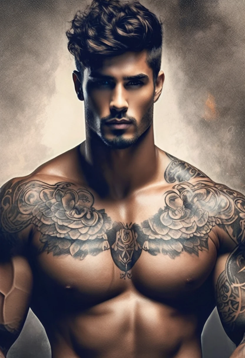 ~*~Breathtaking~*~ Cinematic realistic close-up shot in a movie scene, vibrant and highly detailed cores presented in cinemascope, creating a moody atmosphere. head close-up, front camera, handsome man, ritualistic (neck tattoo: 1.3), (incredibly detailed: 1.5), ((Alone)), Illustrated, hand-drawn, full-color movie poster of a masculine man, 28 years old, ruddy skin, stocky physique, soft belly, slightly chubby, deep brown eyes, wide bulbous nose, full lips, black hair, curly hair, eyebrows thick and bushy, extremely hairy chest, stomach and arms, lots of body hair, hard shadows, graphite shading, stencil markings, airbrushed acrylic paint, masterpiece,muscular man, in underwear, ((full body: 1.7)), (short black hair: 1.1), (muscular), by Jeremy Mann, by Sandra Chevier, by maciej kuciara, smoke and shadow, night, Sharp, ((Perfect body)), realistic, real shadow, 3d, ((full body)), ((dark and gloomy universe)), (by Michelangelo), glamorous photo of man (close up: 1.5), 1 man, chubby man with chest and arm tattoos, fantasy male portrait, beautiful realistic full body part, tattooed man, shirtless :: high detail, blessed waters wlop style, ma demon fit, hyperrealistic rendering, photorealistic art style, hyperrealistic 3D rendering, detailed full body part, man artstation aesthetic, realistic face and body, photographed by famous photographer in CANON 5D MARK, detailed skin with all raw details - ar 4:6 --q 2 - -s 750 --v 58k, 4k, by the sea in complete darkness and appears alone. , (ruined: 1.5), (best quality: 1.5), (masterpiece: 1.5), (best quality, 4k, 8k, high resolution, masterpiece: 1, 2), ultra detailed , (realistic, photorealistic, photorealistic: 1.37) , colorful, brushstrokes, sculptural quality, man, man, 30s, ((perfect face, ((male face)), (fantastic:1, 5), (best quality :1.5),((whole body:2.2))