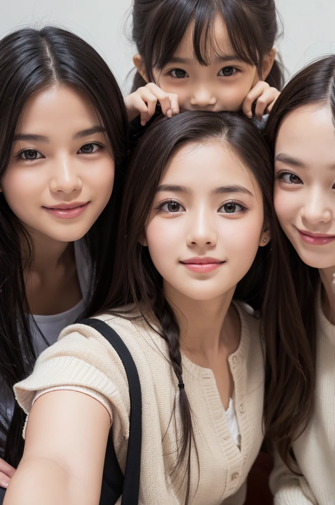 highest quality, masterpiece, ultra high resolution, (realistic:1.4),Korean High School Students,3 girls,18-year-old,High ,A classroom with desks lined up,Three people smiling side by side in the classroom,I'm showing my teeth and smiling,The three of us face each other,Commemorative photo,Raw photo,detailed face,beautiful skin,Long and beautiful hair,bright lighting,realistic classroom,