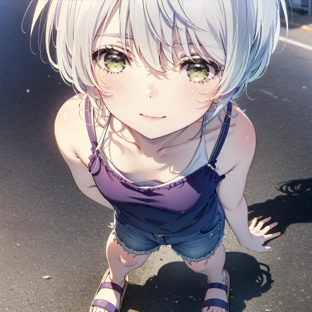 fuukakikuchi, fuuka kikuchi, short hair, bangs, Hair between the eyes, (Green Eyes:1.3), Grey Hair,smile,blush,White vest,Red Tank Top,Shorts,Cute Sandals,whole bodyがイラストに入るように,Daytime,Clear skies,walking,Looking down from above,
break outdoors, Coastal Road,
break looking at viewer,whole body,(Cowboy Shot:1. 5) ,
break (masterpiece:1.2), highest quality, High resolution, unity 8k wallpaper, (figure:0.8), (Beautiful fine details:1.6), Highly detailed face, Perfect lighting, Highly detailed CG, (Perfect hands, Perfect Anatomy),