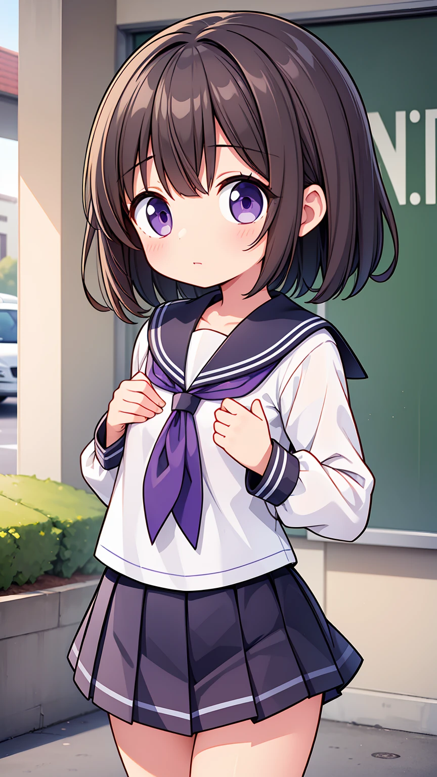 (High quality), (masterpiece), (very detailed), girl, (flat chest:1.6), short brown hair, purple eyes, shy face, primary school girl, white blouse, black skirt with pleats, (loli), showing her thighs, on the school yard, sunny, school girl, (sailor uniform), confessing his love towards the viewer, spectator looked under her, adorable eyes, (school uniform)