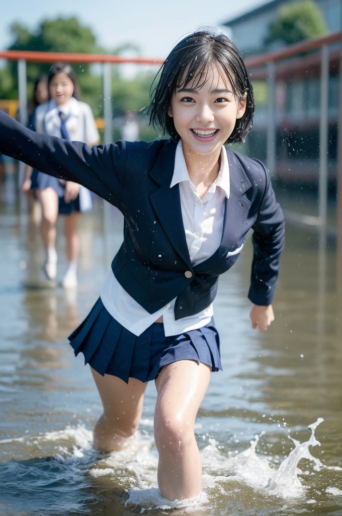 (masterpiece:1.2), Super detailed, Ultra-high resolution, (Realistic, photo Realistic:1.37), High-definition RAW color photos, Professional photos, Very delicate and beautiful, Very detailed, 8k wallpaper, wonderful, In detail, Large file size, Very detailed beautiful girl, Very detailed face, Very detailed eyes, Very detailed skin, Very detailed fingers, Very detailed nose, Very detailed mouth, Perfect Anatomy, Very detailedな背景, (Famous Japanese actresses:1.3), (fix:1.4), Very short hair, (Flat Chest:1.2), Dynamic Lighting, (school uniform, blazer:1.4), (Splash:1.4), (smile:1.3), (Wet Skin), (whole body:1.35), Water Drop, (Schoolyard:1.5), View Viewer, (Dynamic pose:1.25),