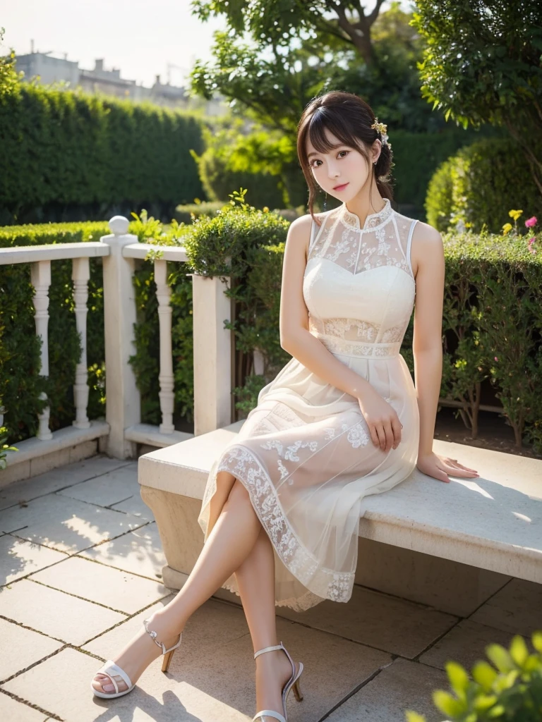 dress、(highest quality)), (Very detailed), ((Very detailed)), 4K, (8k), highest quality, alone,Kind Face、Soft Light、RAW quality、Heel、Garden Terrace