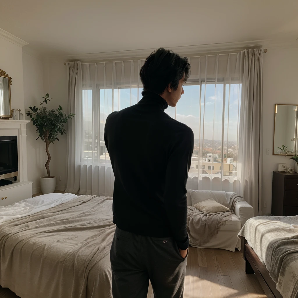 a boy with messy black hair facing his back wearing a black turtleneck inside a modern mansion overlooking beverly hills at morning 
