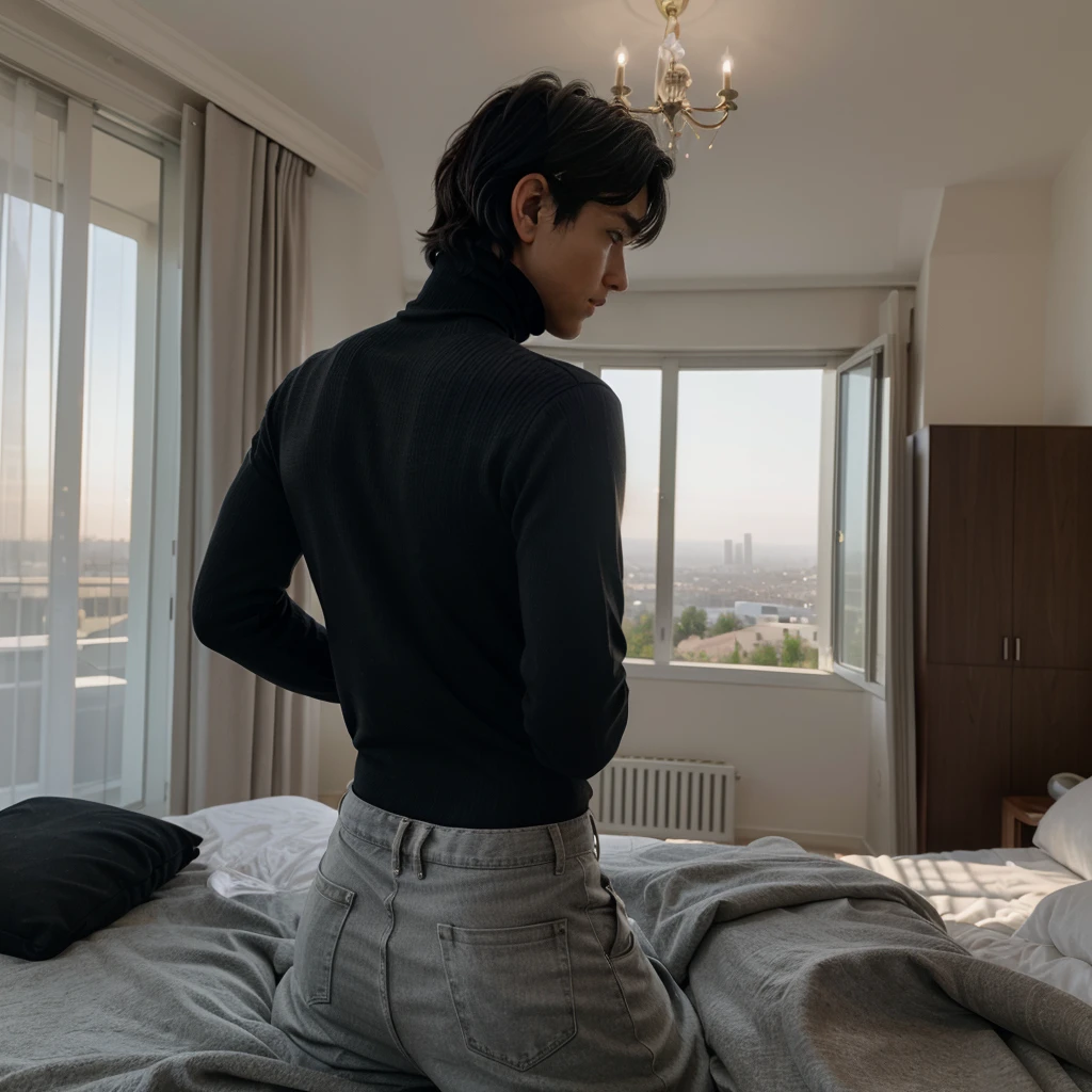 a boy with messy black hair facing his back wearing a black turtleneck inside a modern mansion overlooking beverly hills at morning