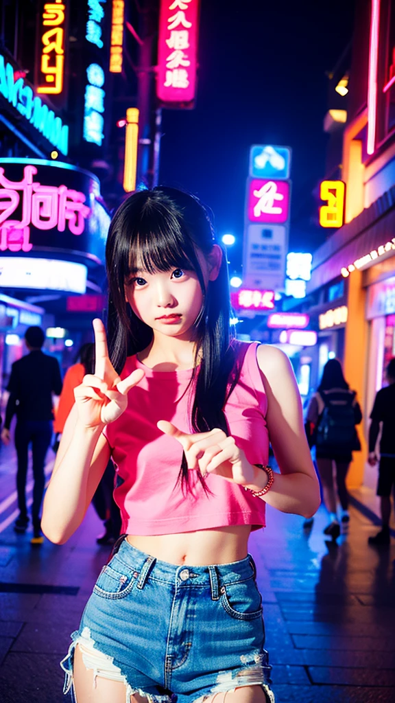 middle finger、ring finger、Pinky、Asian shopping street at night、Neon Signs、Cyberpunk World、 beautiful girl