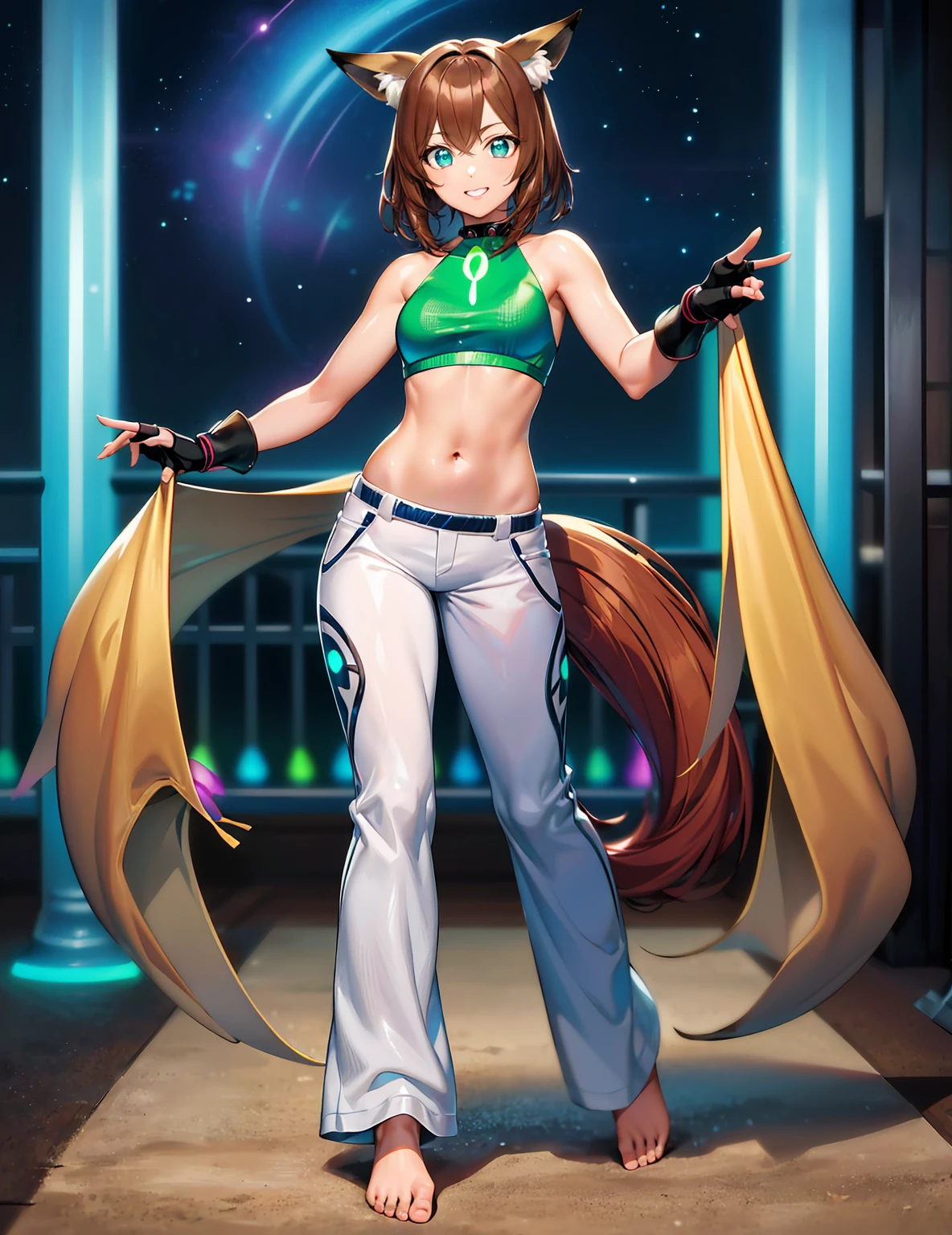 (best quality, ultra-high resolution, depth of field:1.2), (full body shot:1.2), (perfect body:1.2), (medium breasts:1.2), beautiful face, (18 years old), (fox woman), radiant eyes, (beautiful smile), (brown hair), animal ears, (fluffy fox ears), (fluffy fox tail), (capoeira fighter top:1.2), (fingerless gloves:1.2), (capoeira fighter pants:1.2), (bare feet:1.2), (fingerless gloves:1.2), night time, (multiple points of views), standing, (bioluminescence:1.2),masterpiece,score_9,score_8_up,best quality,incredibly absurdres,anime
