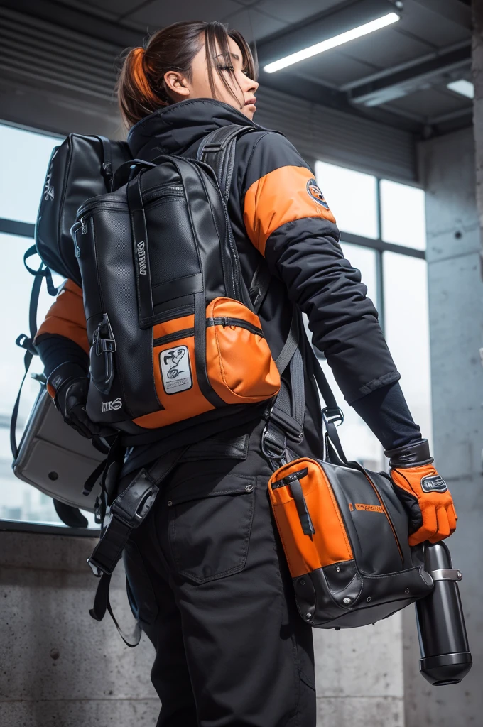 Titanium gloves that reach the forearms, conectadas por seis cabos (three on each arm) that goes all the way to the back and ends in a small backpack with six cylinders containing nitrous (orange substance that boosts the user's speed)...These gloves are worn by a neko (garota gato de cabelos pretos, olhos azuis, roupas totalmente pretas e coladas no corpo,