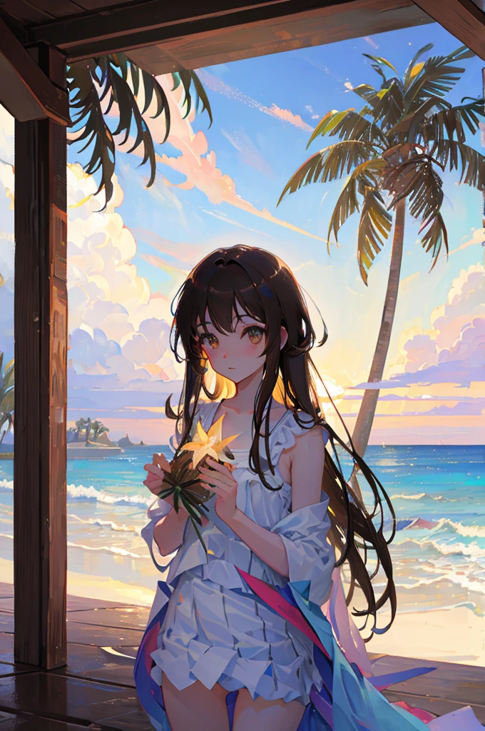 masterpiece, rich colors, Best quality, detailed, high resolution, Hyper quality, high detail, , High quality, detailing, skinny sexy girl on the beach , bright lighting , Brown eyes, anime, palm trees, bright lighting,