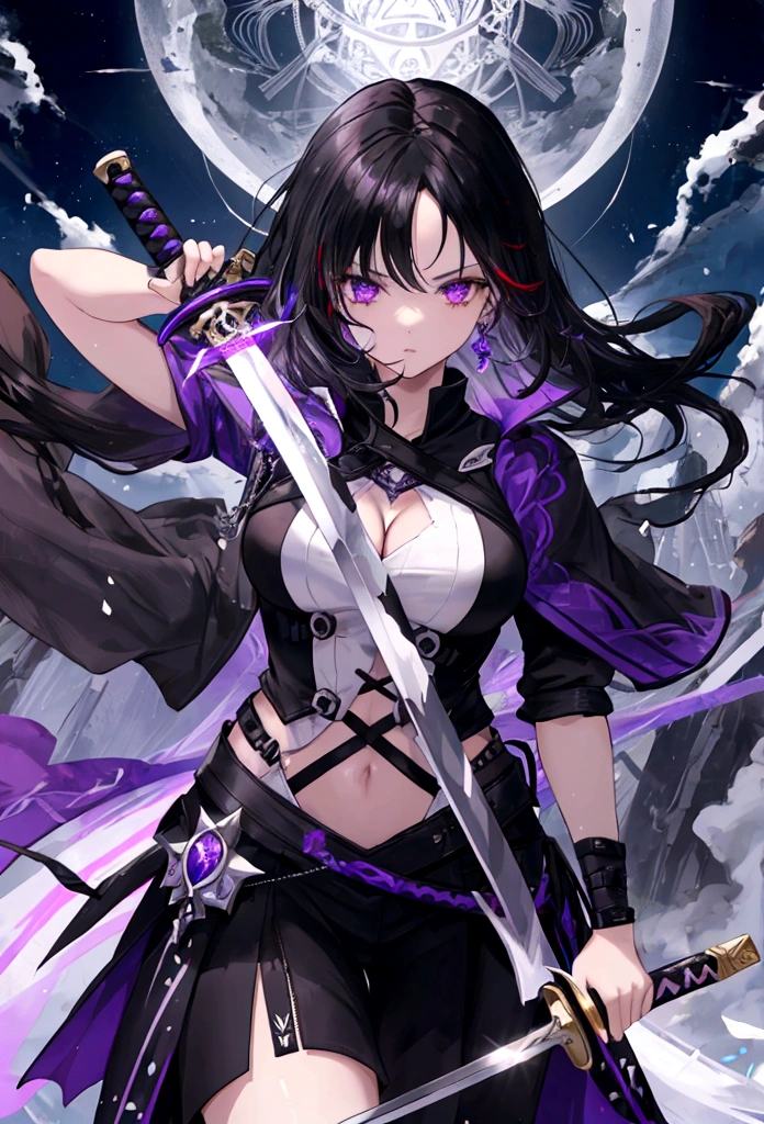 a woman with black hair and white streaks holding a large purple sword, detailed eyes, detailed sword, cinematic lightning
